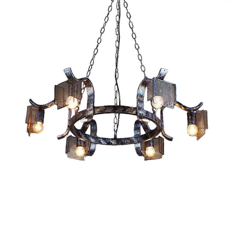 Fer Ring Hanging Light avec écran en mailles six têtes pendantes rustiques Lumière en noir antique pour bar