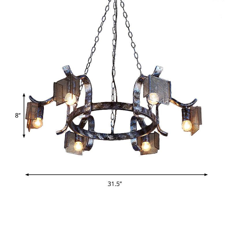 Fer Ring Hanging Light avec écran en mailles six têtes pendantes rustiques Lumière en noir antique pour bar