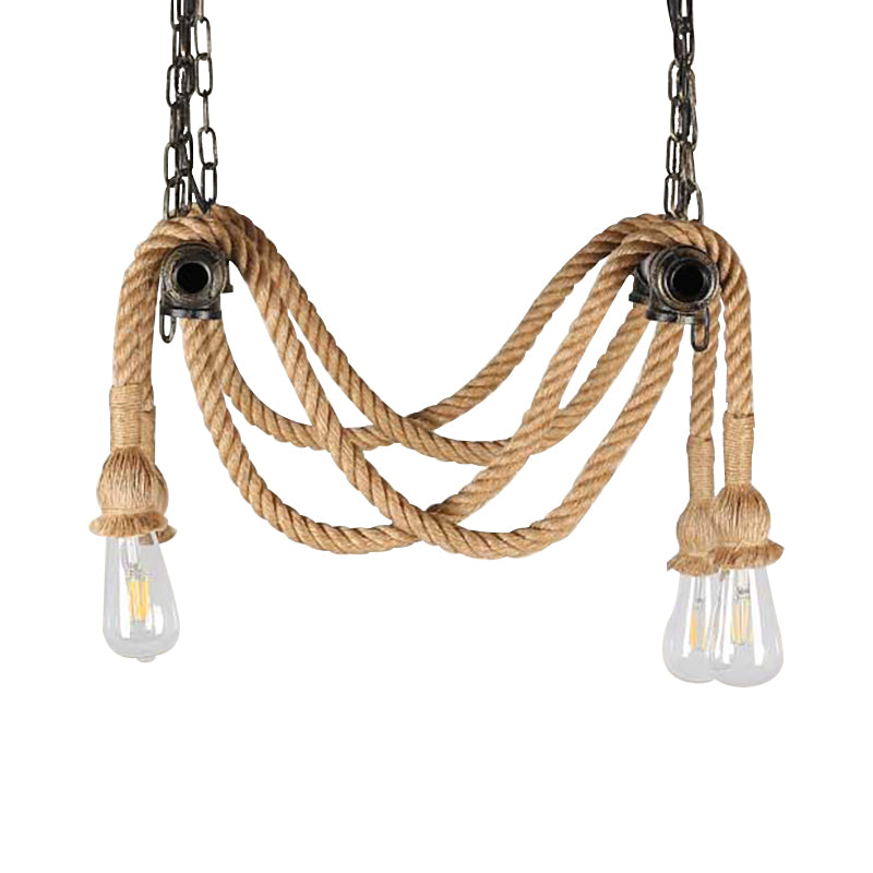 Wrought Iron Bronze Suspension Light Open Bulb 4 Lights Antique Style Chandelier Lamp with Hemp Rope for Bar