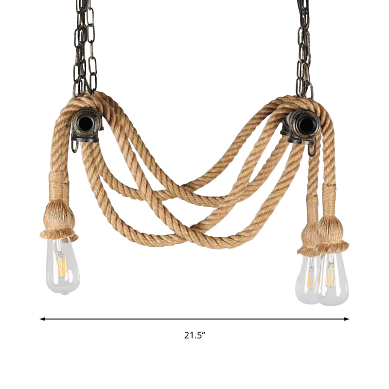 Wrought Iron Bronze Suspension Light Open Bulb 4 Lights Antique Style Chandelier Lamp with Hemp Rope for Bar