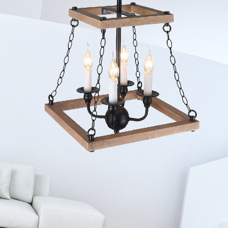 Lampe à lustre trapézoïde marron avec ferme de bougies sans flamme en métal et en bois à 4 feuilles de cuisine lampe suspendue