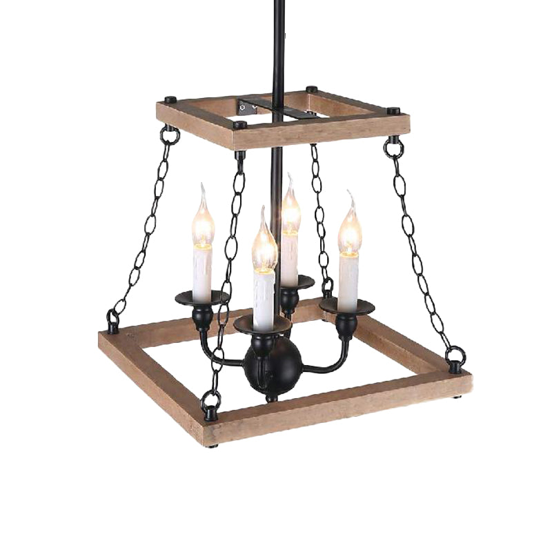 Lampe à lustre trapézoïde marron avec ferme de bougies sans flamme en métal et en bois à 4 feuilles de cuisine lampe suspendue