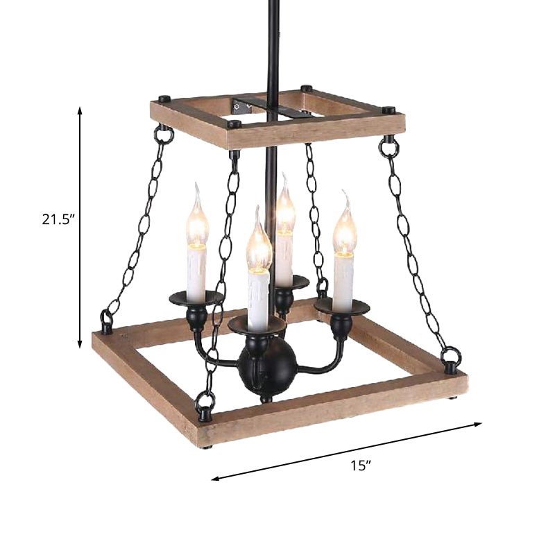 Lampe à lustre trapézoïde marron avec ferme de bougies sans flamme en métal et en bois à 4 feuilles de cuisine lampe suspendue