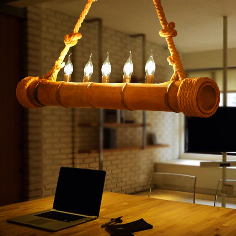 Forme de bambou beige Lumière suspendue avec une bougie 5 lumières Chandelier en bois rustique pour chalet