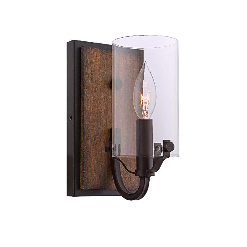 1 Bulb Cylinder Wall Mounted Light Fixture Industrial Brown Clear Glass Lighting with Wooden Backplate