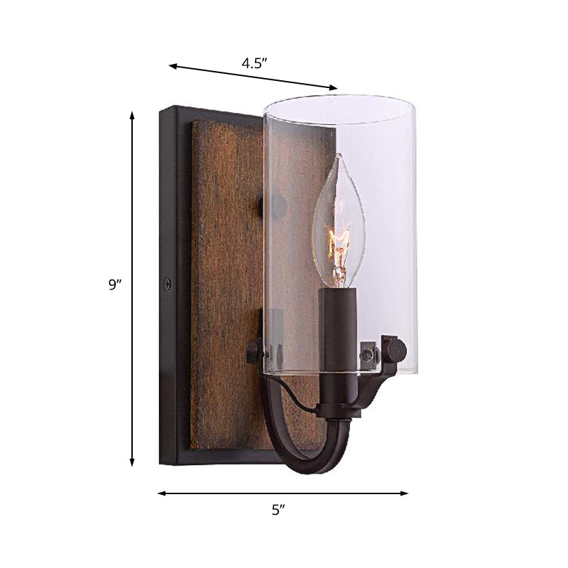 1 Bulb Cylinder Wall Mounted Light Fixture Industrial Brown Clear Glass Lighting with Wooden Backplate