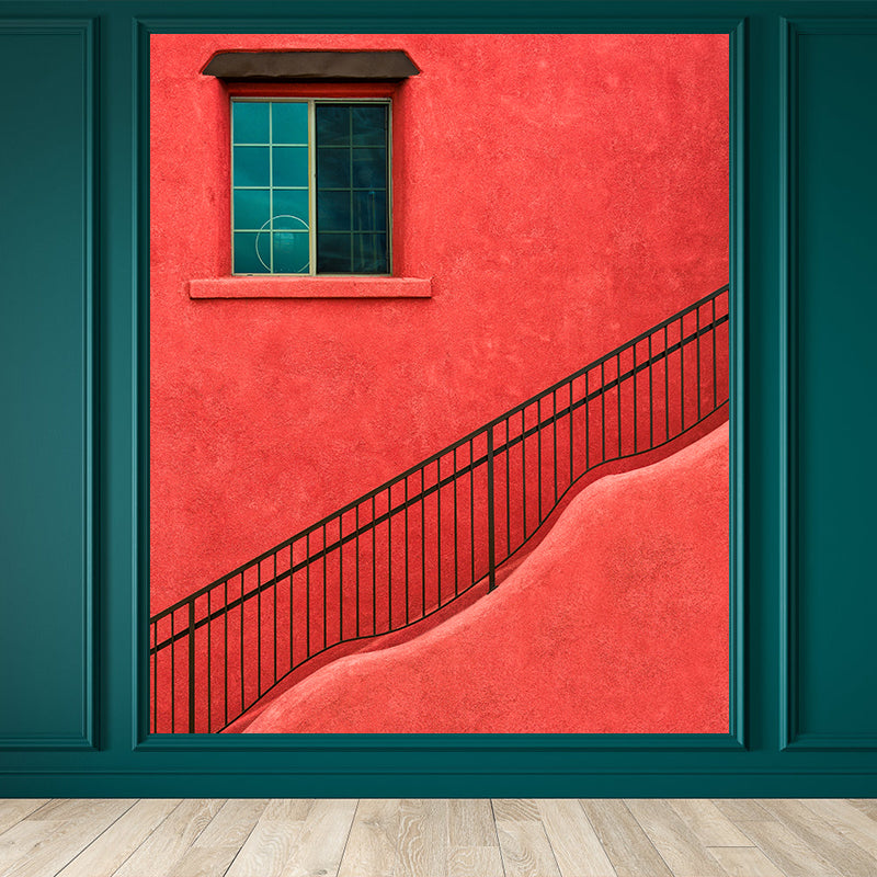 Full Size Outside Stairway Mural Stain Resistant Modern Living Room Wall Decor in Orange Red