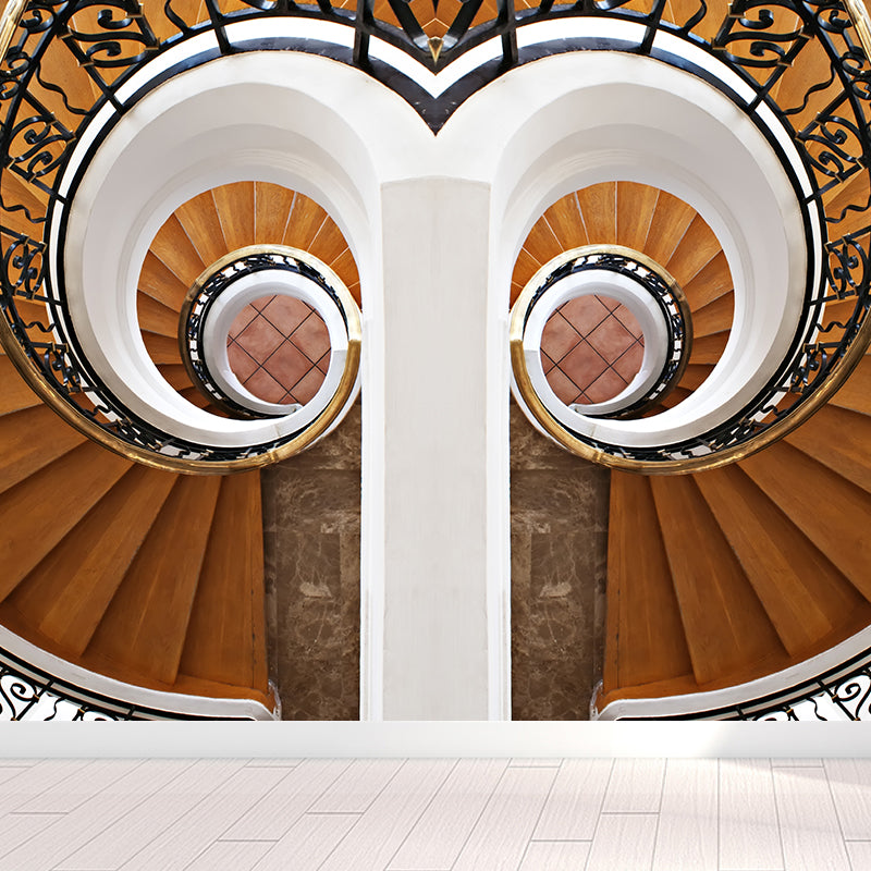 Symmetric Swirled Stairs Mural Wallpaper Brown Modern Style Wall Art for Family Room