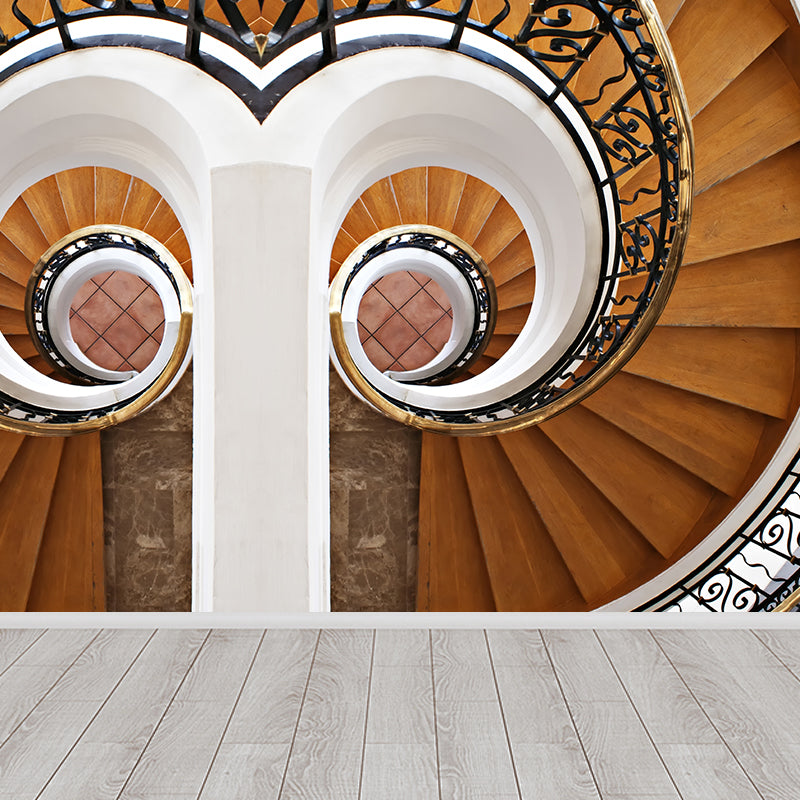 Symmetric Swirled Stairs Mural Wallpaper Brown Modern Style Wall Art for Family Room