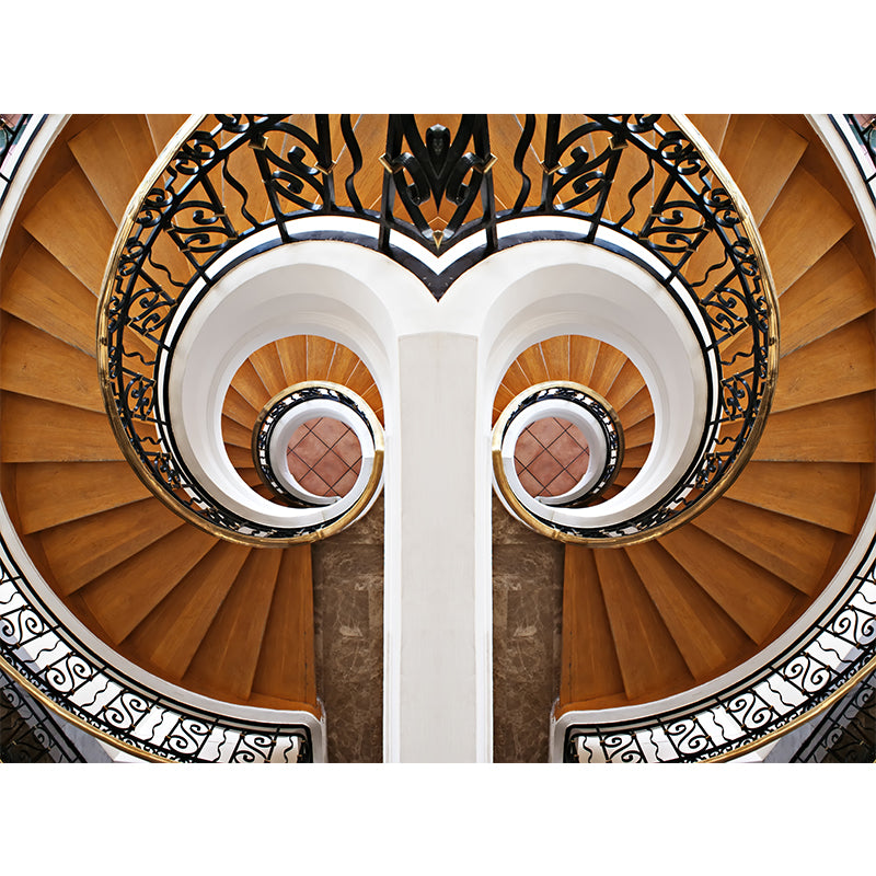 Symmetric Swirled Stairs Mural Wallpaper Brown Modern Style Wall Art for Family Room