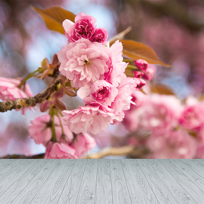 Pink Cherry Blossoming Mural Wallpaper Moisture Protection Modern Bathroom Wall Art