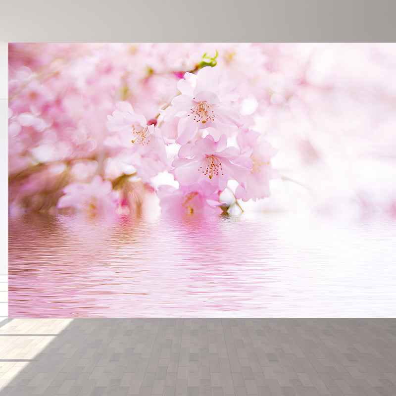 Fragrant Cherry Flowers Mural Decal for Living Room, Pink, Custom Size Available