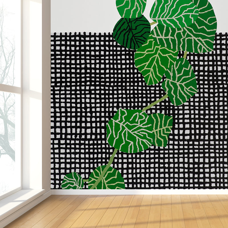 Plaid and Plant Wall Mural Modern Decorative Living Room Wall Covering, Custom Size Available