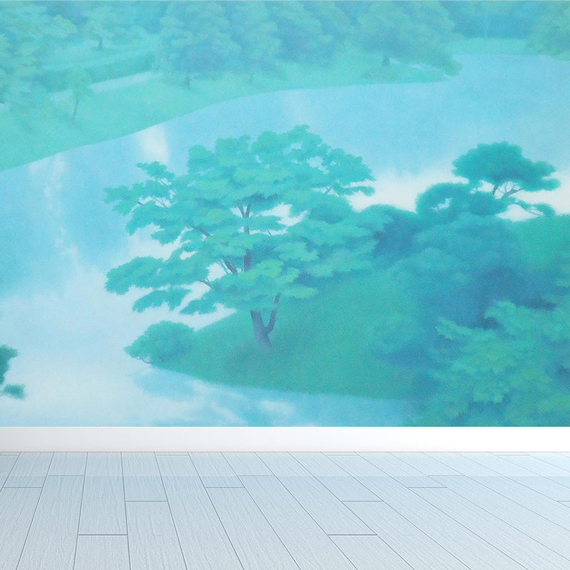 Contemporary Forest and River Mural Green Dining Room Wall Art, Custom Size Available