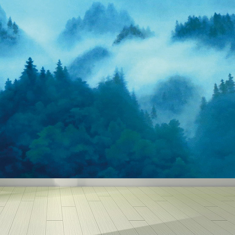 Contemporary Misty Forest Mural Decal Green Bedroom Wall Covering, Made to Measure