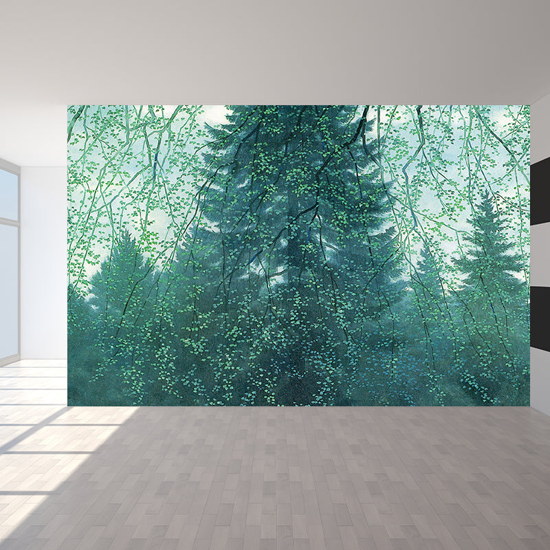 Modern Woodland Mural Wallpaper Green Dining Room Wall Art, Custom Size Available