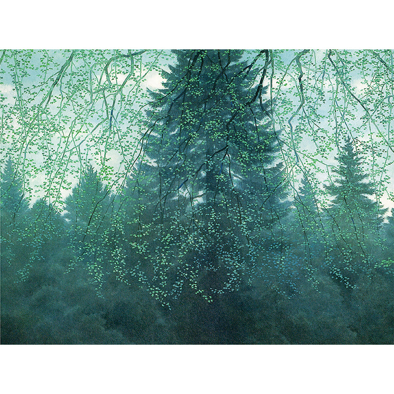 Modern Woodland Mural Wallpaper Green Dining Room Wall Art, Custom Size Available
