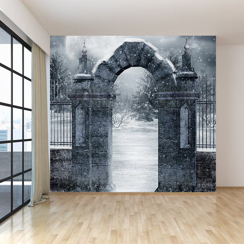 Modern Front Gate Wall Mural Non-Woven Stain Resistant Gray Wall Art for Living Room