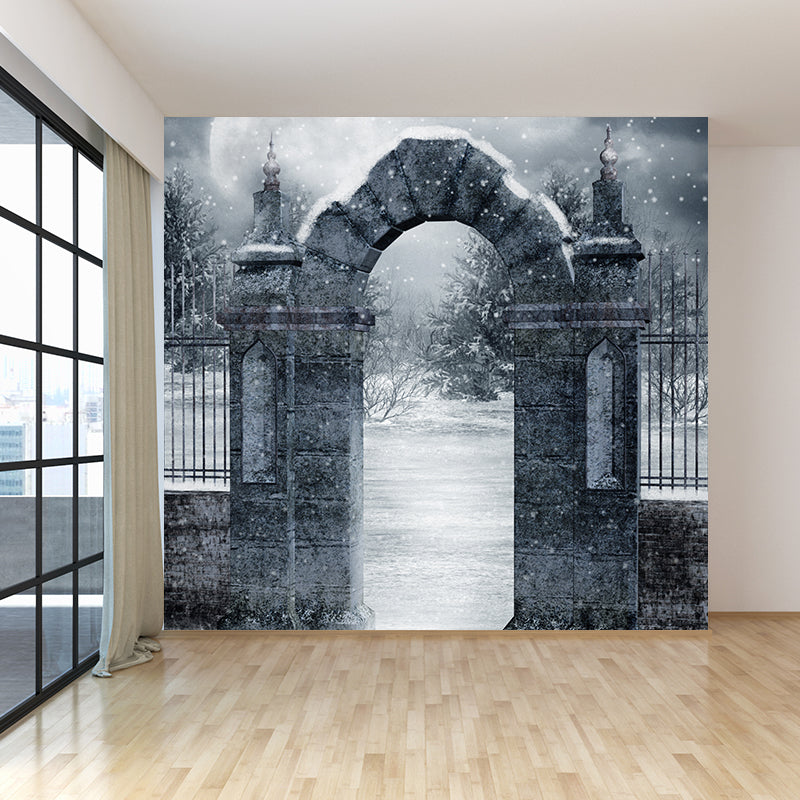 Modern Front Gate Wall Mural Non-Woven Stain Resistant Gray Wall Art for Living Room