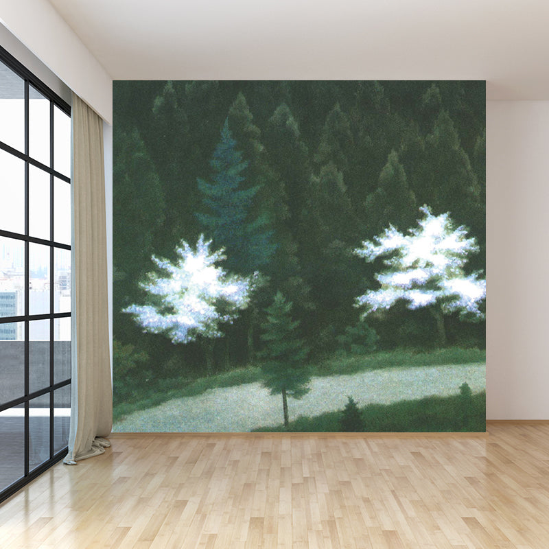 Illustration Style Pine Trees Mural Giant Wall Covering for Dining Room, Personalise