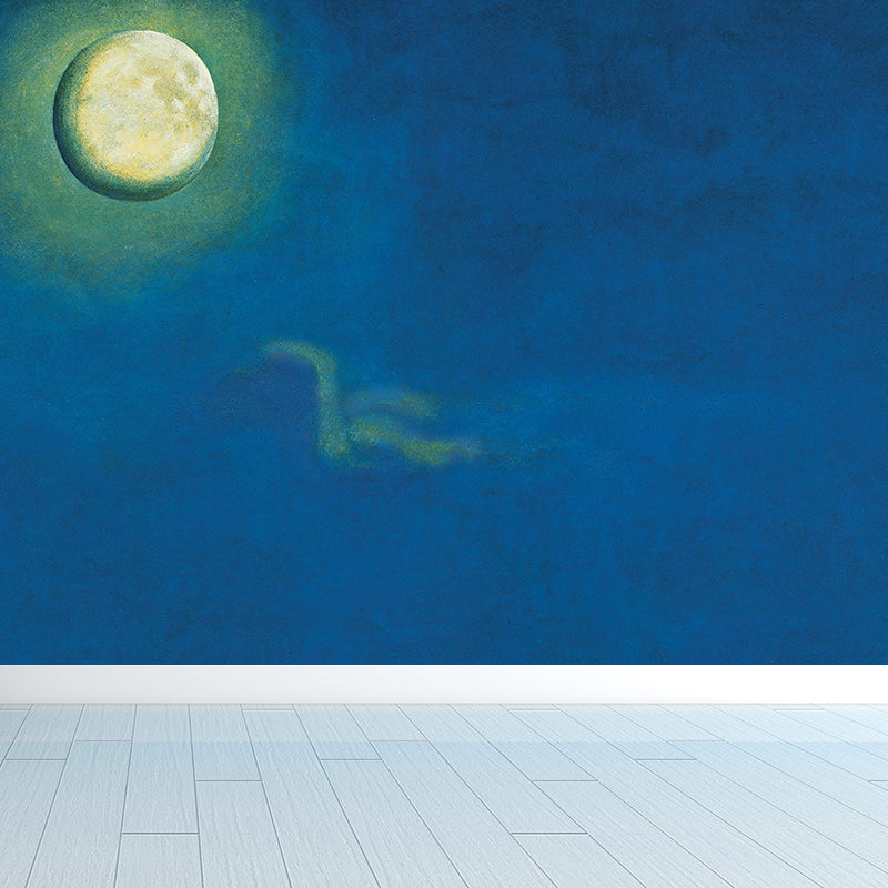 Illustration Moon Night Mural Decal for Living Room, Blue, Custom Size Available