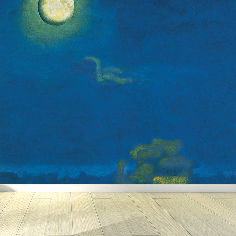 Illustration Moon Night Mural Decal for Living Room, Blue, Custom Size Available