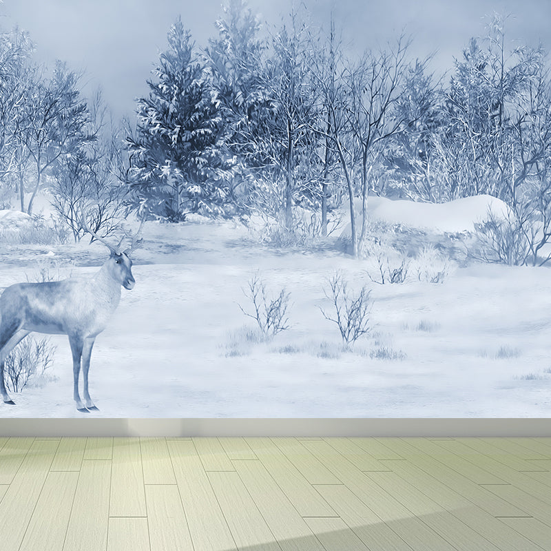 White Winter Reindeer Mural Wallpaper Forest Modern Washable Wall Covering for Kitchen