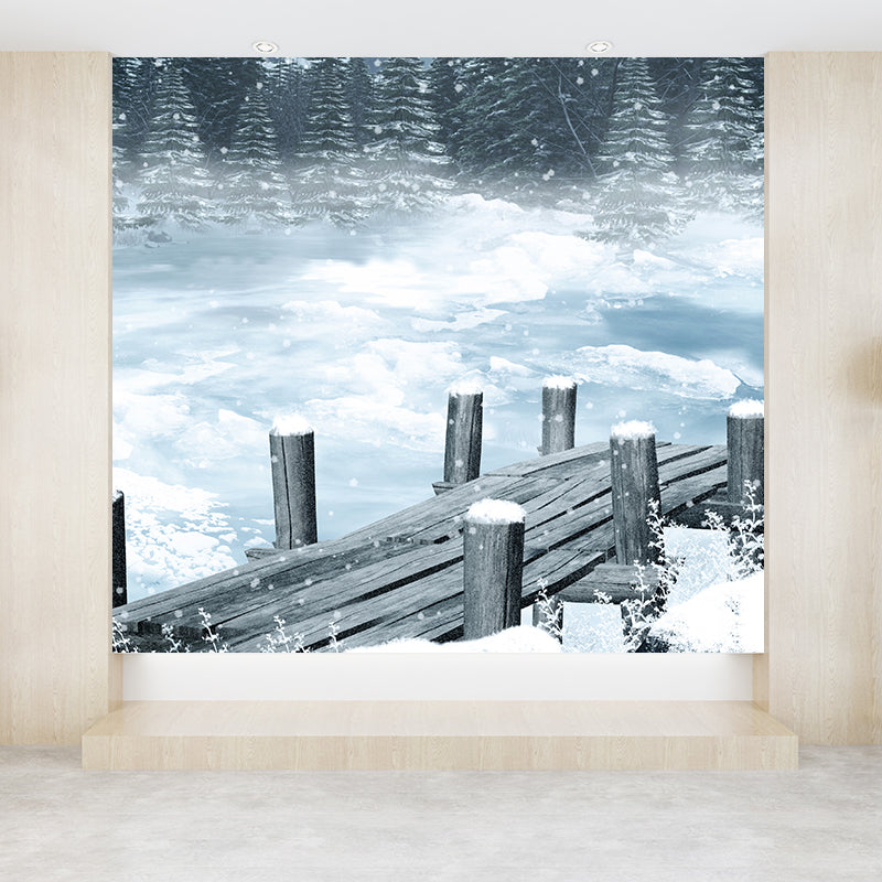 White Frozen Lake Mural Wallpaper Moisture Resistant Wall Covering for Dining Room
