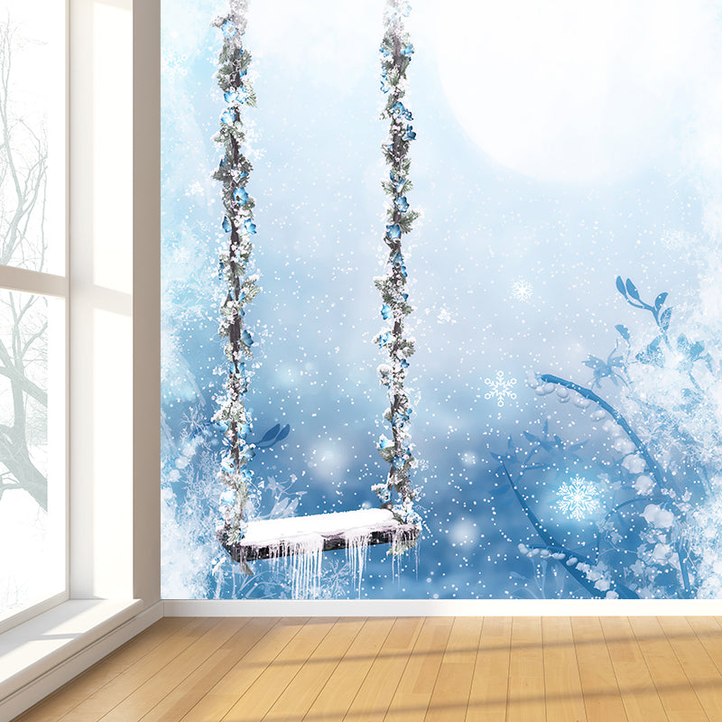 White Contemporary Mural Wallpaper Big Snow-Covered Swing Chair Wall Art for Playroom