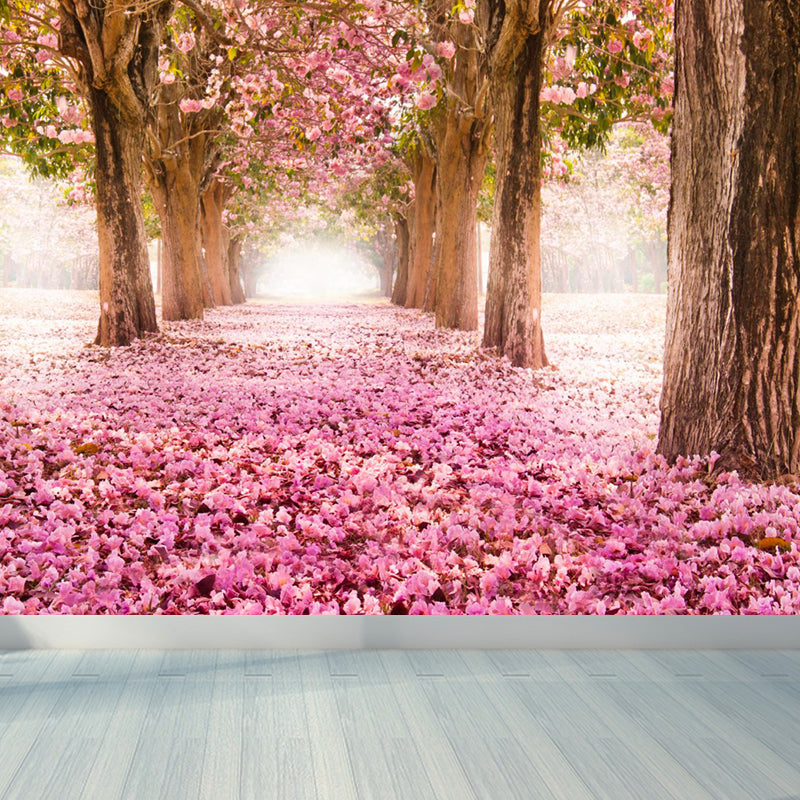 Pink Flower Landscape Mural Wallpaper Stain Resistant Modern Dining Room Wall Covering
