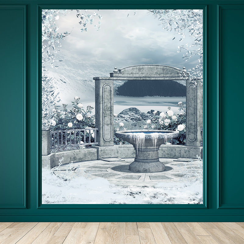 Illustration Style Courtyard Wall Mural for Living Room, White, Custom Size Available