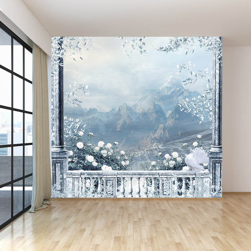 Huge Winter Mountain Mural for Bedroom Botanical Wall Art in White, Stain Resistant