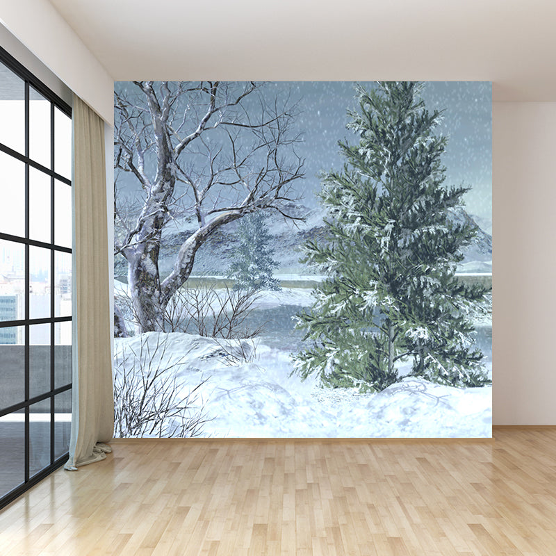 Full Size Illustration Modern Mural Wallpaper with Snow-Covered Landscape in White