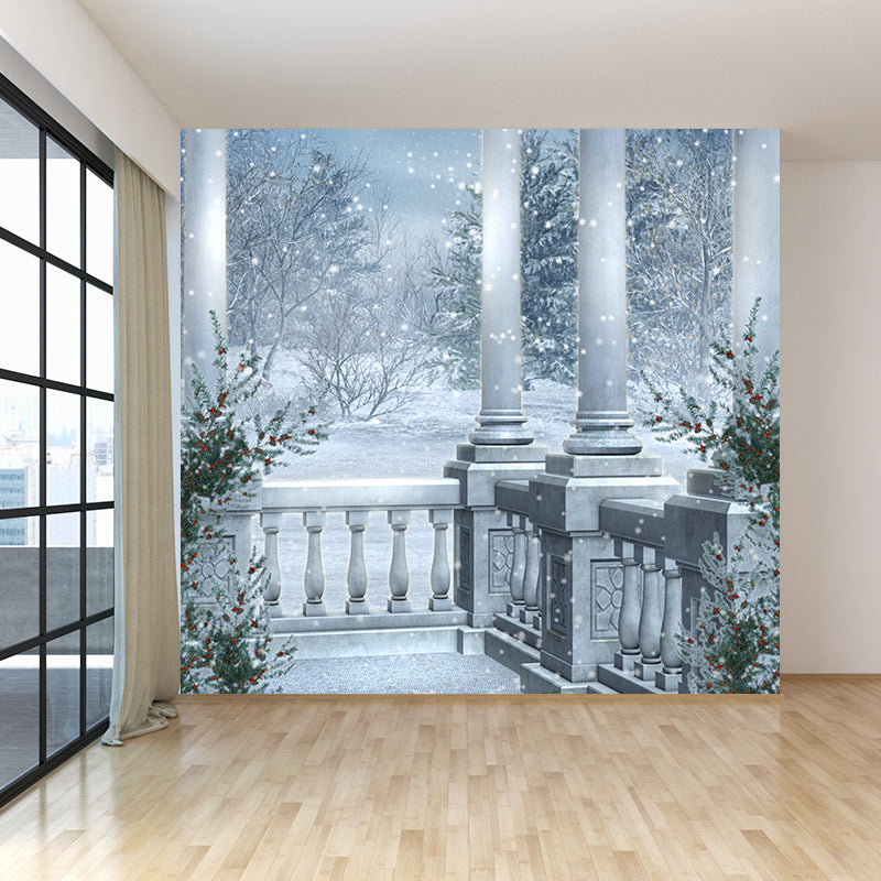 Romantic Balcony Snow View Mural Decal for Living Room, Blue, Custom Size Available