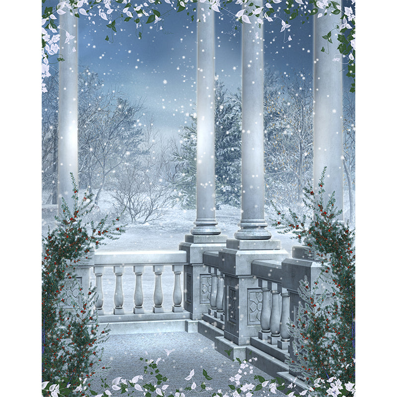 Romantic Balcony Snow View Mural Decal for Living Room, Blue, Custom Size Available