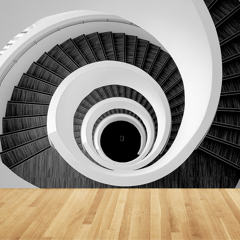 Mesmerizing Swirly Stairs Wall Mural Decal for Living Room, Black and White, Custom Size