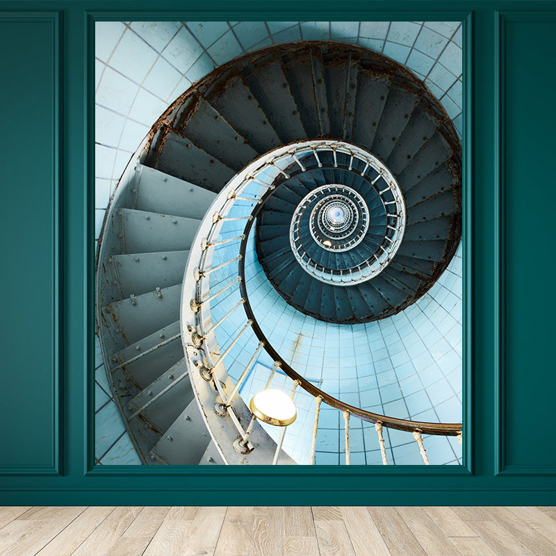 Blue Spiral Stairs Wallpaper Mural Looking-Up View Modern Stain-Proof Wall Art for Bedroom