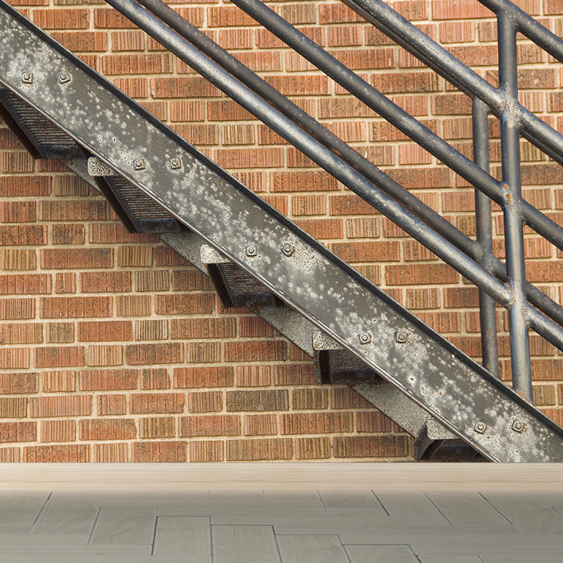 Contemporary Steel Stairway Mural Wallpaper Non-Woven Waterproof Khaki Wall Covering