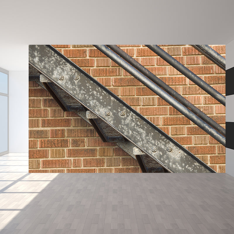 Contemporary Steel Stairway Mural Wallpaper Non-Woven Waterproof Khaki Wall Covering