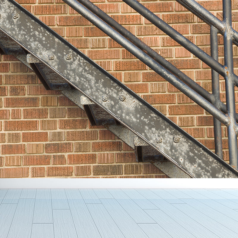 Contemporary Steel Stairway Mural Wallpaper Non-Woven Waterproof Khaki Wall Covering