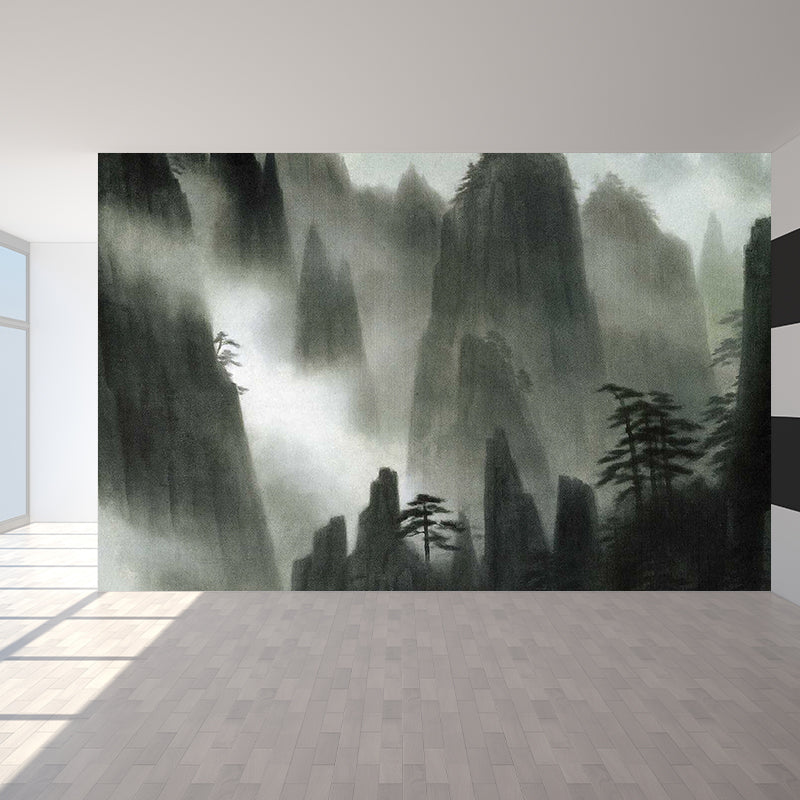 Great Contemporary Mural Wallpaper in Black Foggy Mountain Wall Decor, Custom Printed