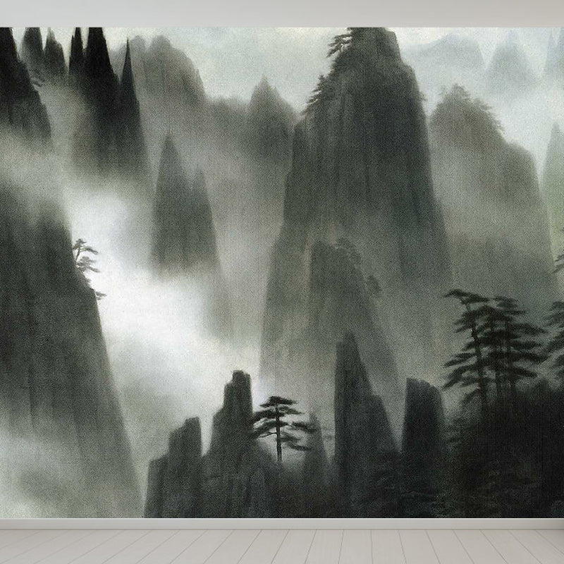 Great Contemporary Mural Wallpaper in Black Foggy Mountain Wall Decor, Custom Printed