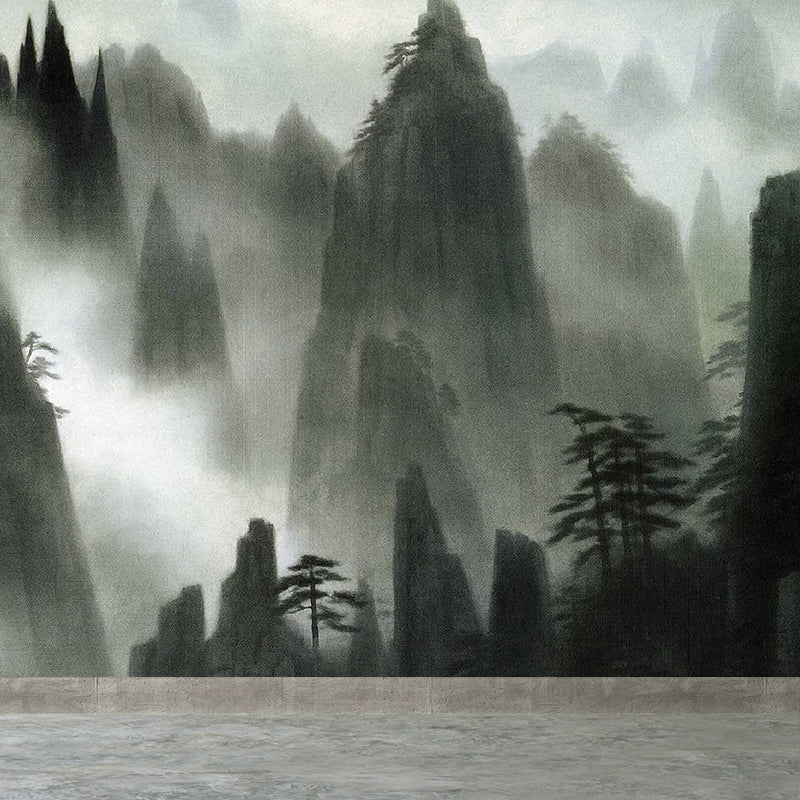 Great Contemporary Mural Wallpaper in Black Foggy Mountain Wall Decor, Custom Printed