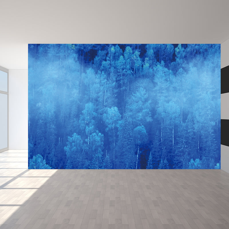 Extra Large Forest Mural Decal for Bathroom Floral Print Wall Covering in Blue, Water Resistant