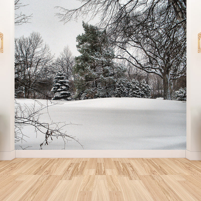 Winter Botanical Mural Wallpaper Gray Contemporary Wall Covering for Living Room