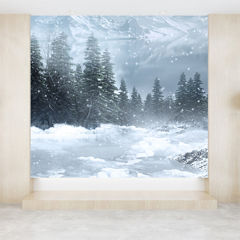 Contemporary Winter Pine Trees Mural White Waterproofing Wall Decor for Boys Room