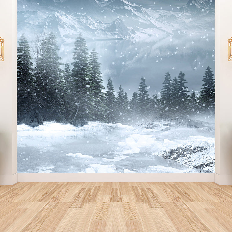 Contemporary Winter Pine Trees Mural White Waterproofing Wall Decor for Boys Room