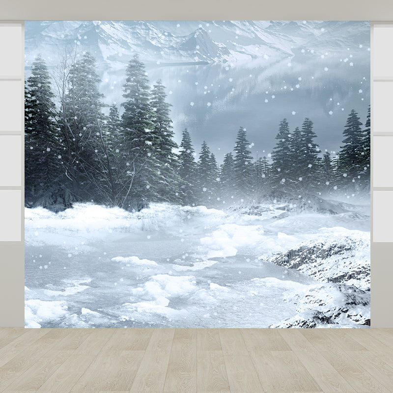Contemporary Winter Pine Trees Mural White Waterproofing Wall Decor for Boys Room