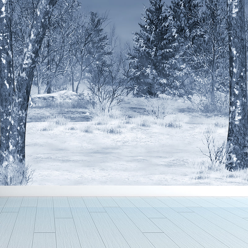 Modern Snowy Pine Trees Mural Wallpaper White Winter Botanical Landscape Wall Covering