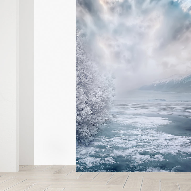 Modern Teenagers Mural Wallpaper Winter Lake and Mountain Grey Blue Wall Covering